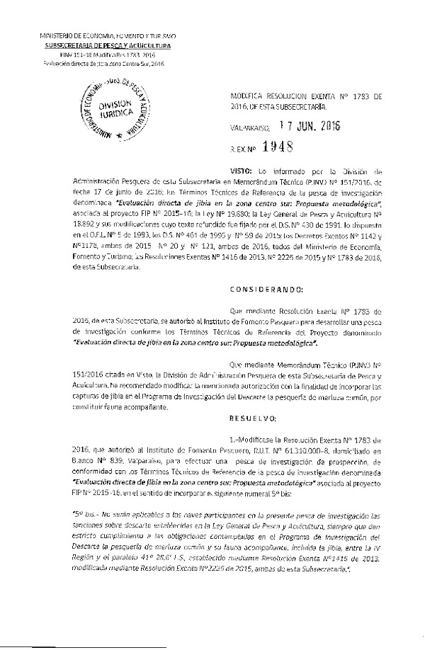 Res. Ex. N° 1948-2016 Modifica Res. Ex. N° 1783-2016 Evaluación directa de Jibia zona Centro sur.