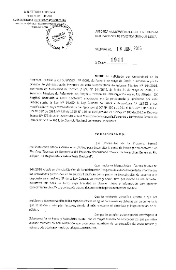 Res. Ex. N° 1941-2016 Pesca de investigación en el río Allipén IX Región.