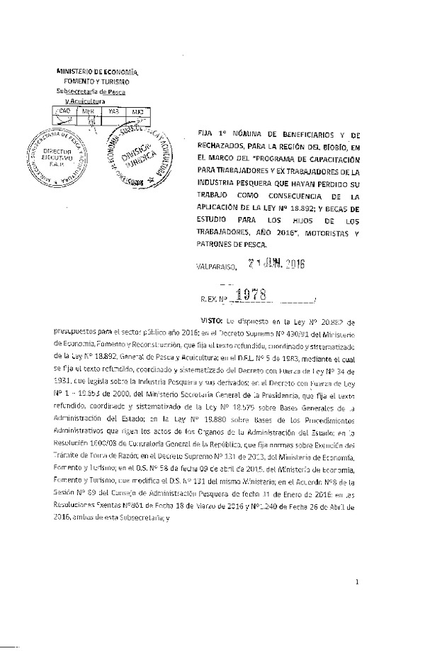 Res. Ex. N° 1978-2016 Fija 1° Nómina de beneficiarios y de rechazados para la Región del Biobío, Programa de capacitación de trabajadores y ex trabajadores de la industria pesquera.