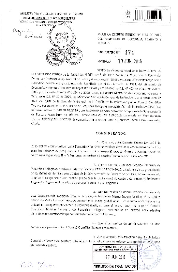 Dec. Ex. N° 474-2016 Modifica Dec. Ex. N° 1184-2015 Establece Cuotas Anuales de Captura de Unidades de Pesquería de Anchoveta y Sardina Española III-IV Regiones Sometidas a Licencias Transables de Pesca, Año 2016. (Publicado en Página Web 22-06-2016)