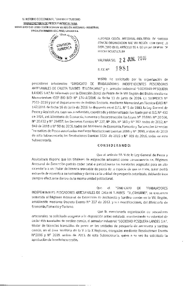 Res. Ex. N° 1981-2016 Autoriza cesión sardina común, VIII Región