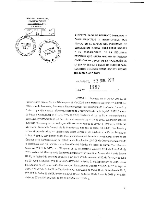 Res. Ex. N° 1987-2016 Autoriza pago de beneficio principal y complementario a beneficiarios que indica.