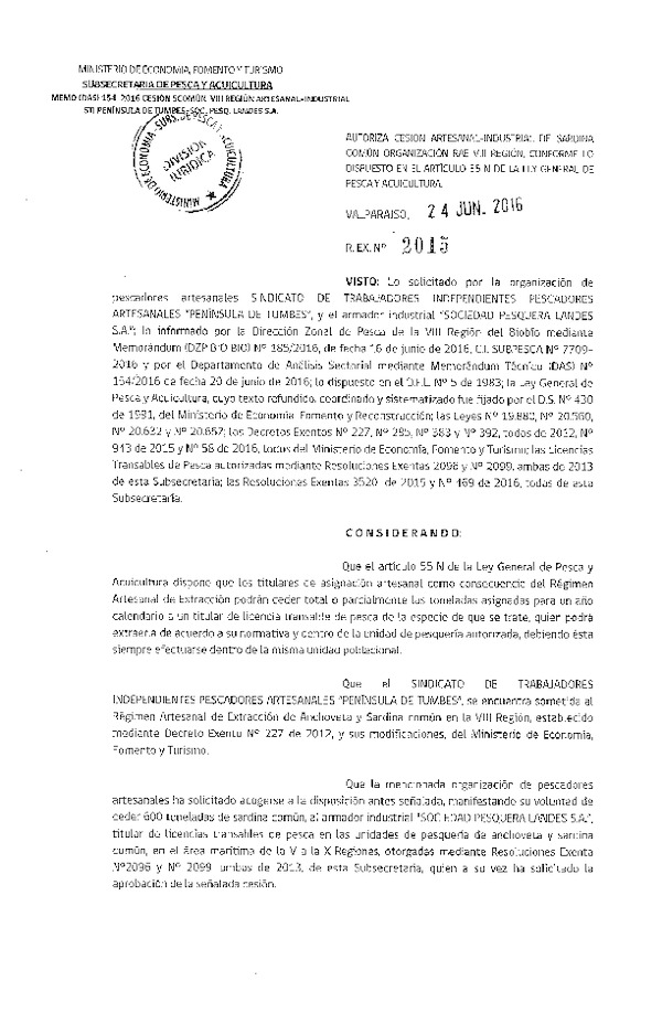 Res. Ex. N° 2015-2016 Autoriza cesión sardina común, VIII Región