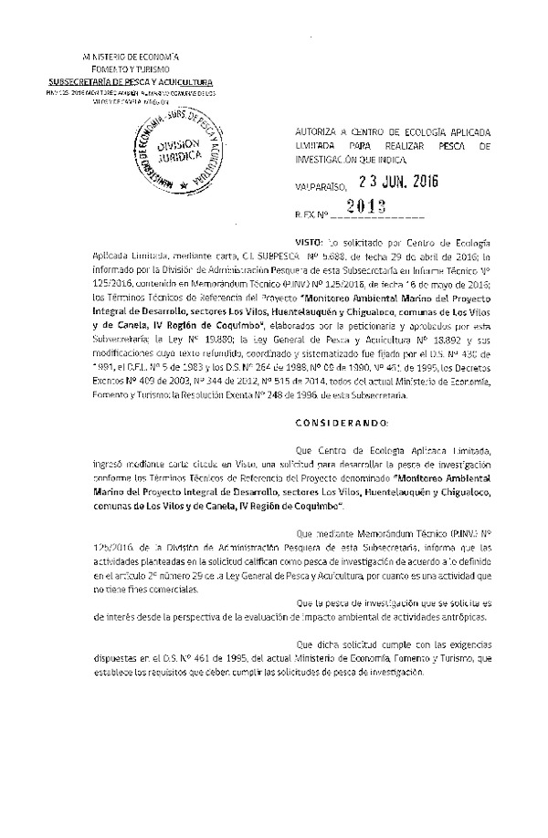 Res. Ex. N° 2013-2016 Monitoreo ambiental marino, IV Región de Coquimbo.