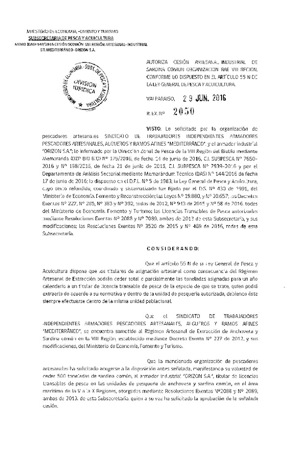 Res. Ex. N° 2050-2016 Autoriza cesión sardina común, VIII Región.