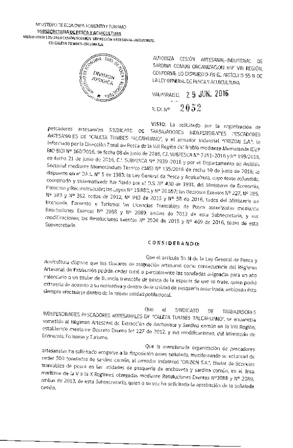Res. Ex. N° 2052-2016 Autoriza cesión sardina común, VIII Región.