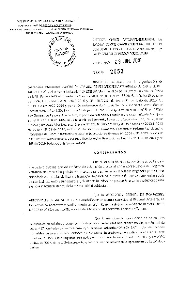 Res. Ex. N° 2053-2016 Autoriza cesión sardina común, VIII Región.