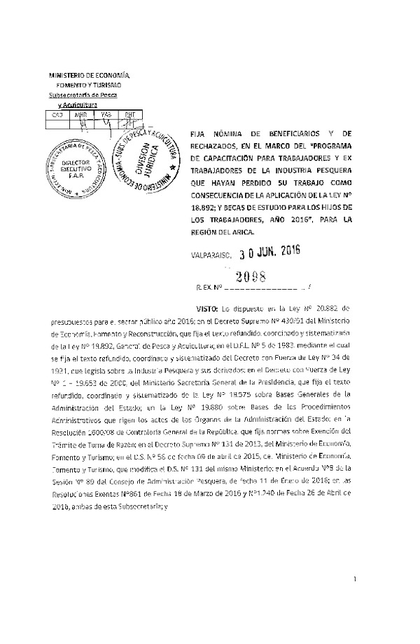 Res. Ex. N° 2098-2016 Fija nómina de beneficiarios y de rechazados en el marco de Programa de capacitación.