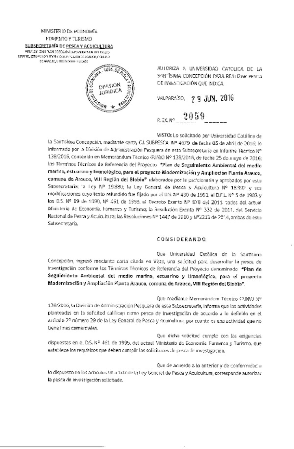 Res. Ex. N° 2059-2016 Plan de seguimiento ambiental del medio marino, VIII Región del Biobío.