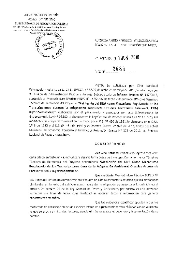 Res. Ex. N° 2085-2016 Metilación del DNA como mecanismo regulatorio de las transcripciones durante adaptación ambiental.