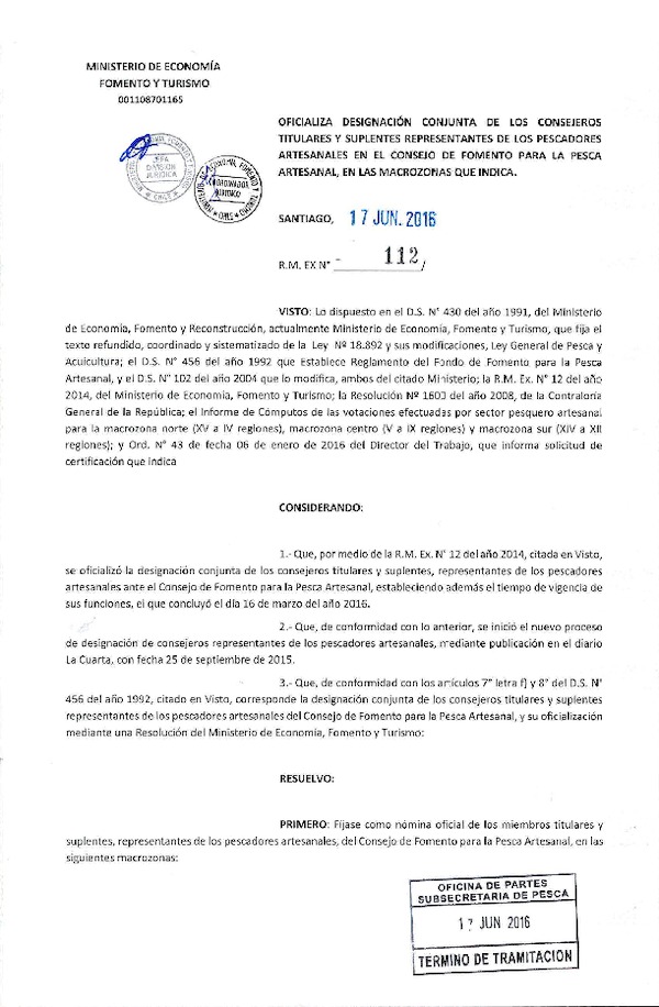 Res. Ex. N° 112-2016 Oficializa Designación Conjunta de los Consejeros Titulares y Suplentes representantes de los Pescadores Artesanales en el Consejo de Fomento para la Pesca Artesanal en las Macrozonas que Indica. (F.D.O. 02-07-2016)