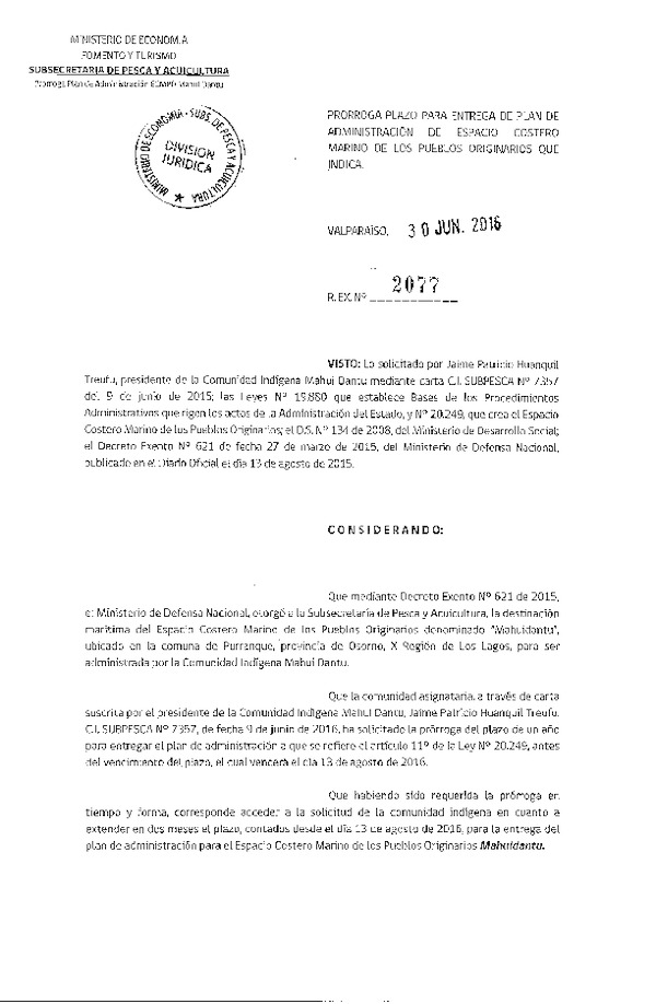 Res. Ex. N° 2077-2016 Prorroga Plazo para Entrega de Plan de Administración de Espacio Costero Marino de los Pueblos Originatrios que Indica.