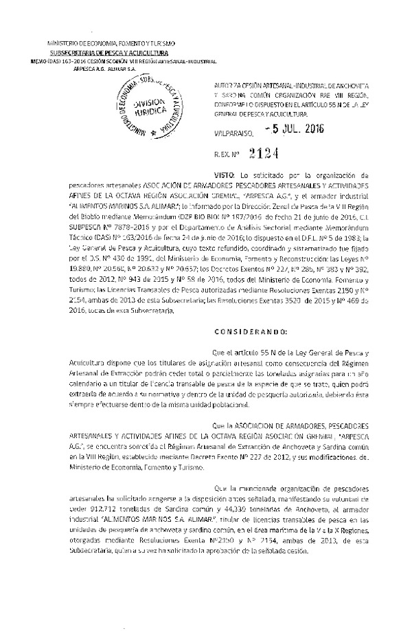 Res. Ex. N° 2124-2016 Autoriza cesión anchoveta y sardina común, VIII Región.
