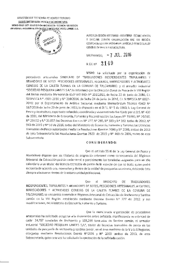 Res. Ex. N° 2149-2016 Autoriza cesión anchoveta y sardina común, VIII Región.