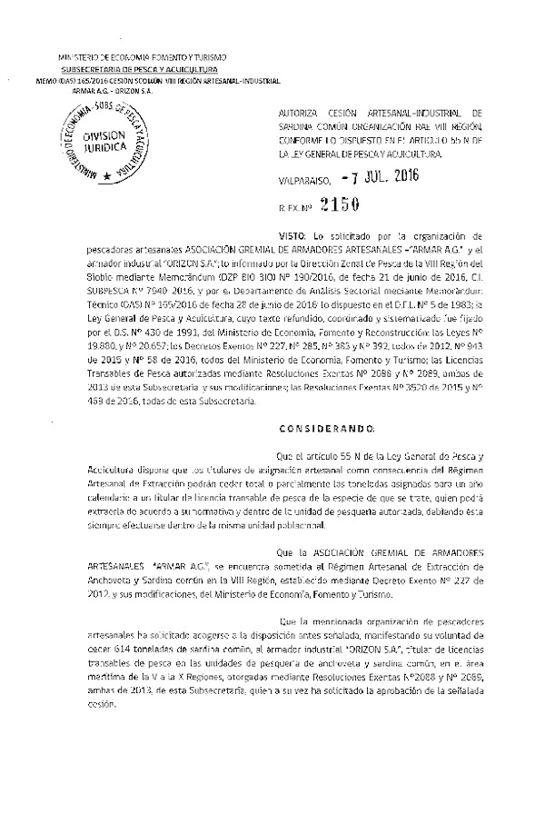 Res. Ex. N° 2150-2016 Autoriza cesión anchoveta y sardina común, VIII Región.
