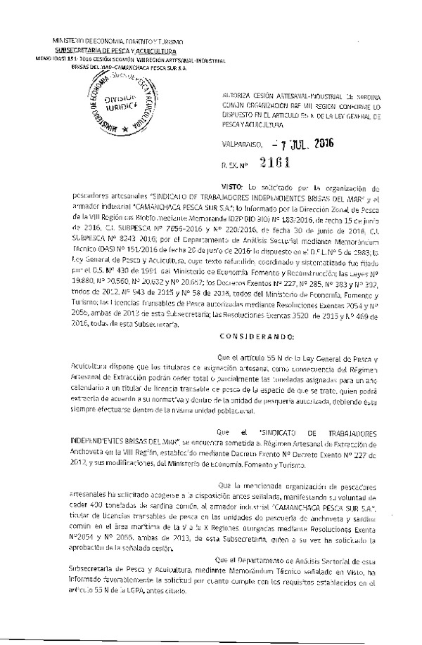 Res. Ex. N° 2161-2016 Autoriza cesión sardina común, VIII Región.