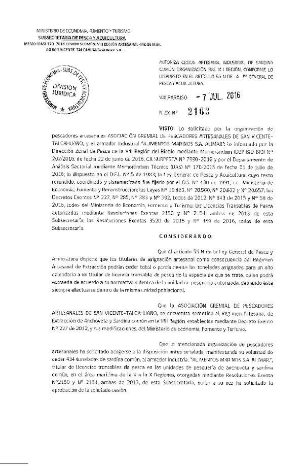 Res. Ex. N° 2163-2016 Autoriza cesión sardina común, VIII Región.