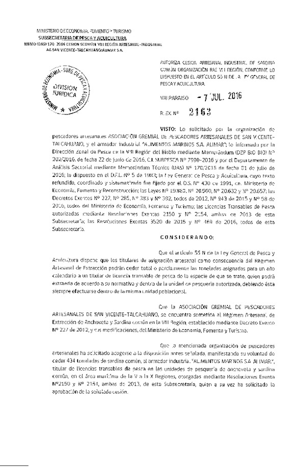 Res. Ex. N° 2163-2016 Autoriza cesión sardina común, VIII Región.