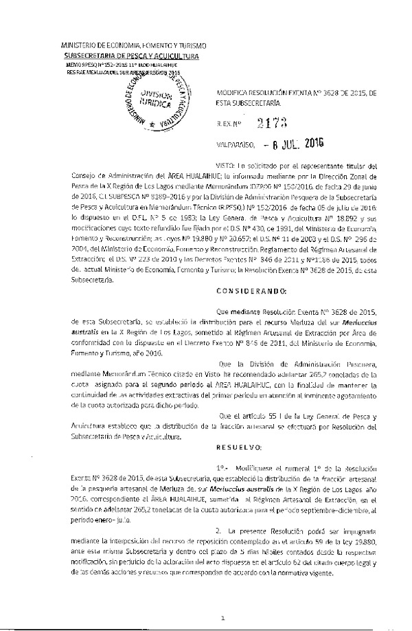 Res. Ex. N° 2173-2016 Modifica Res. Ex. N° 3628-2015 Distribución de la Fracción Artesanal de Pesquería de Merluza del Sur por Área, X Región, año 2016. (Publicada en Página 11-07-2016)