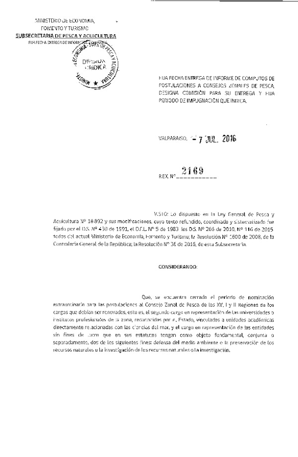 Res. Ex. N° 2169-2016 Fija fecha entrega de informe de computos de postulaciones a Consejos Zoanles de Pesca, Designa Comisión para su Entrega y Fija Período de Impugnación que Indica.