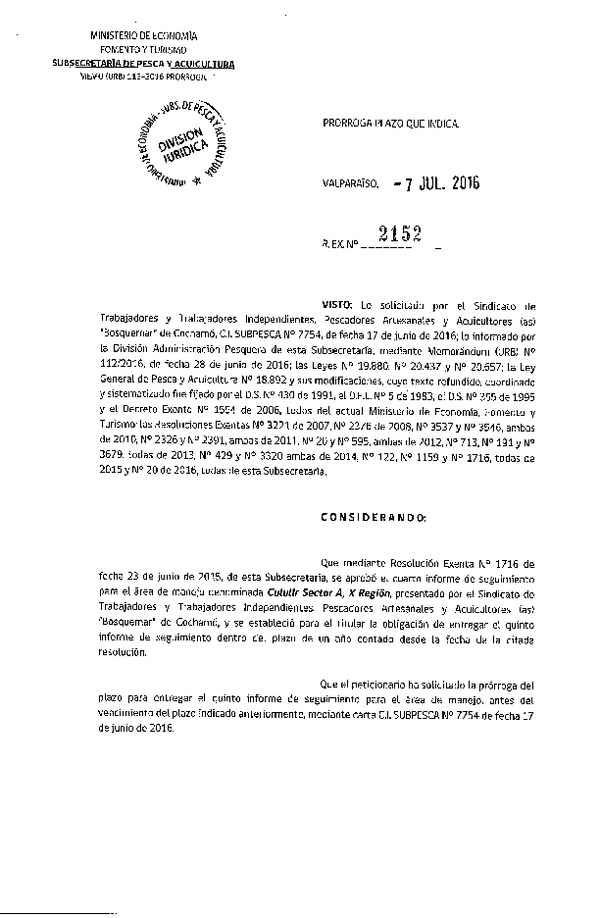 Res. Ex. N° 2152-2016 PRORORGA 5° SEGUIMIENTO.