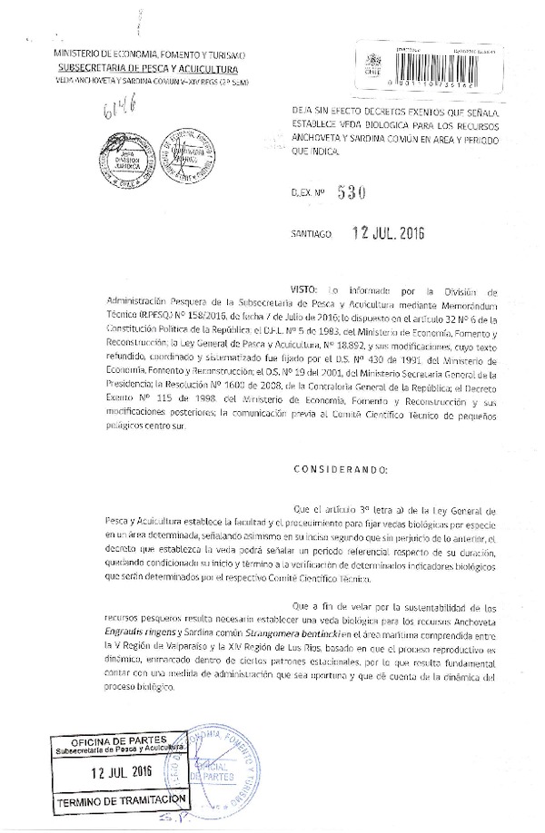 Dec. Ex. Nº 530-2016 Deja sin Efecto Decretos Exentos que señala. Establece Veda Biológica para los Recursos Anchoveta y Sardina Común V-XIV Regiones. (Publicado en Página Web 12-07-2016)