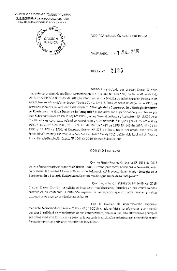 Res. Ex. N° 2135-2016 Modifica 1061-2016 Pesca de investigación Biología de la conservación.