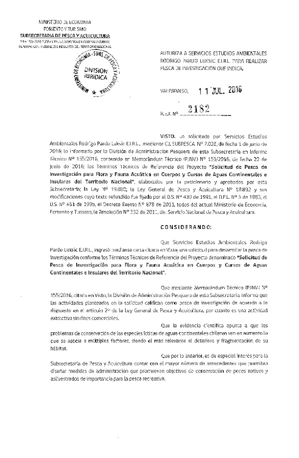 Res. Ex. N° 2182-2016 Flora y fauna acuática en cuerpos y cursos de aguas continentales e insulares del territorio Nacional.