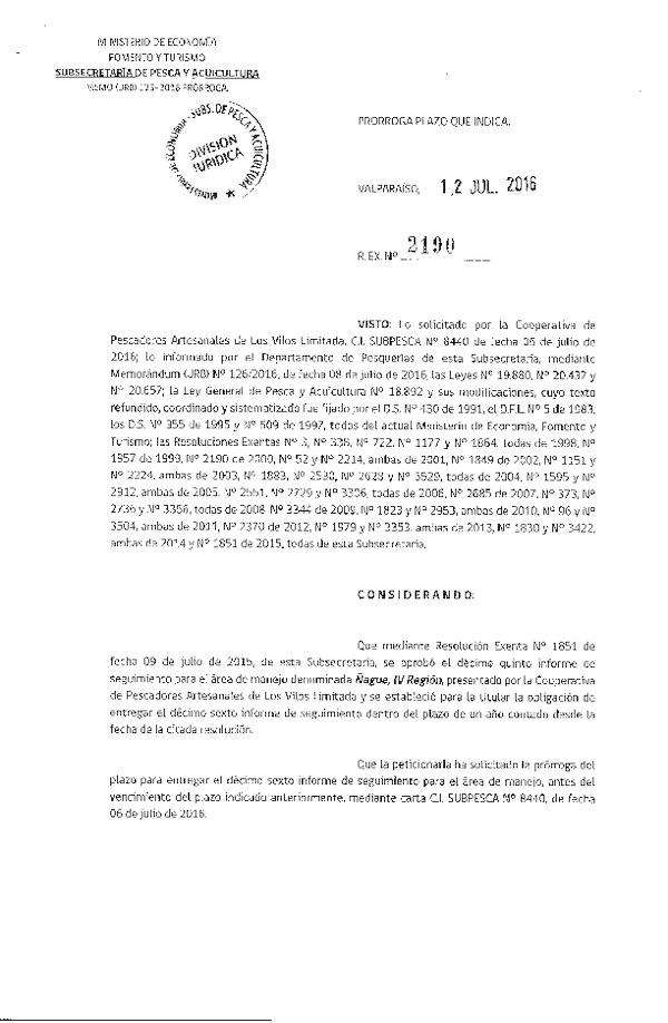 Res. Ex. N° 2190-2016 PRORROGA 16° SEGUIMIENTO.
