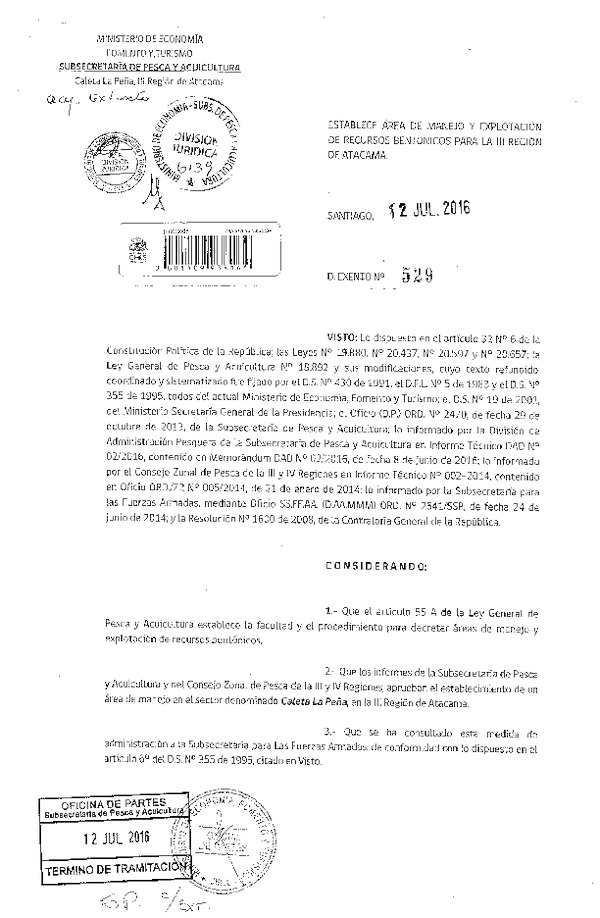 Dec. Ex. N° 529-2016 Establece Área de Manejo Sector Caleta La Peña, III Región