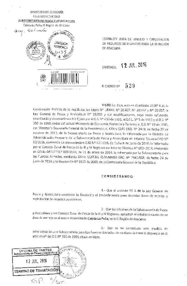Dec. Ex. N° 529-2016 Establece Área de Manejo Sector Caleta La Peña, III Región