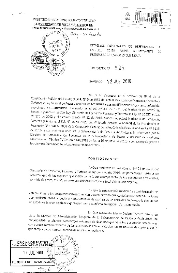 Dec. Ex. N° 528-2016 Establece Porcentajes de Desembarque de Especie como Fauna Acompañante de Pesquerías Artesanales que Indica. (F.D.O. 19-07-2016)