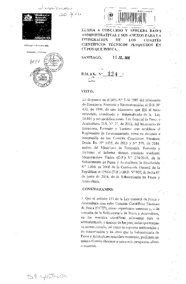 R.M. Exenta N° 124-2016 Llama a Concurso y Apertura Bases Administrativas y sus Anexos para la Integración de los Comités Científicos Técnicos Pesqueros en Cupos que Indica. (F.D.O. 20-07-2016)