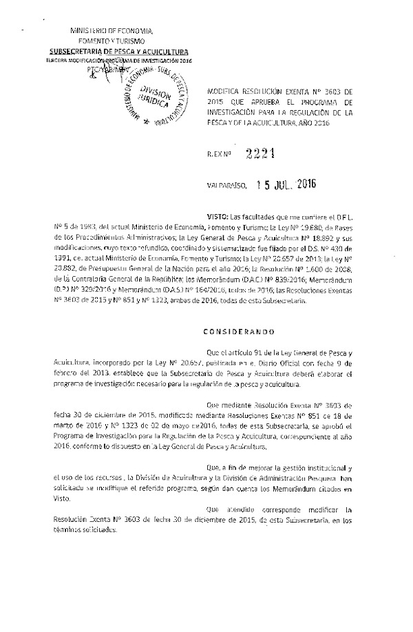 Res. Ex. N° 2221-2016 Modifica Res. Ex. N° 3603-2015 Aprueba Programa de Ivestigación para la Regulación de la Pesca y Acuicultura, Año 2016. (Publicado en Página Web 21-07-2016)