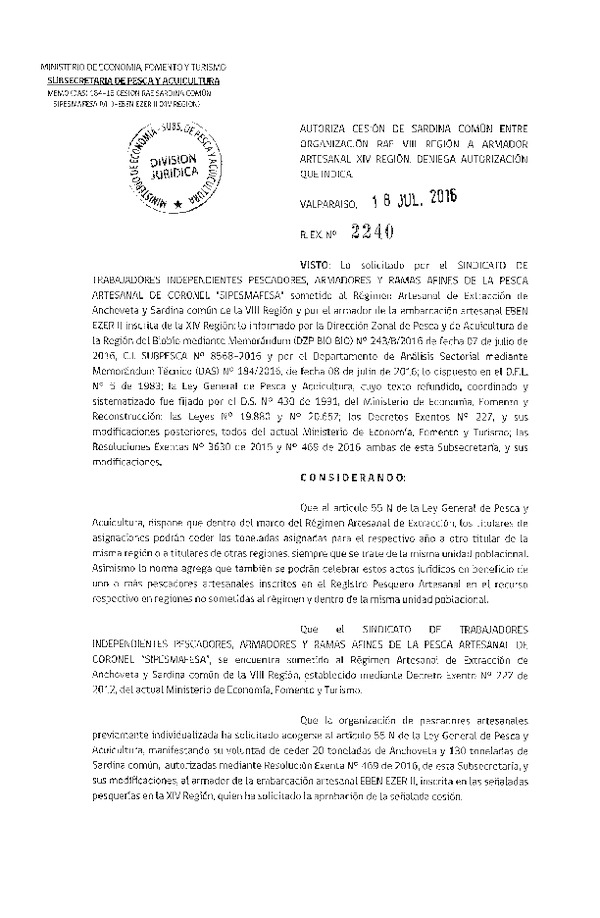 Res. Ex. N° 2240-2016 Autoriza Cesión Sardina Común VIII a XIV Región.