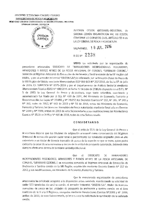 Res. Ex. N° 2238-2016 Autoriza cesión sardina común, VIII Región.