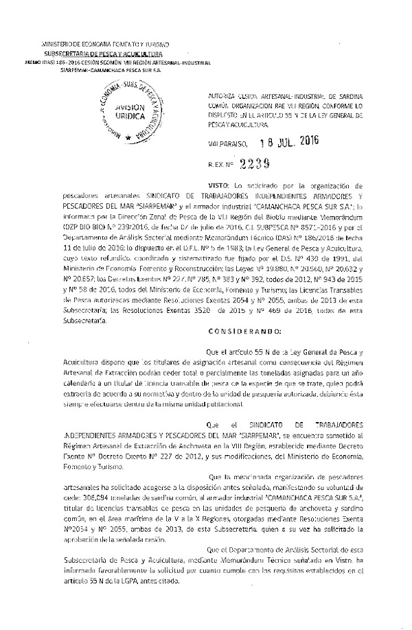 Res. Ex. N° 2239-2016 Autoriza cesión sardina común, VIII Región.