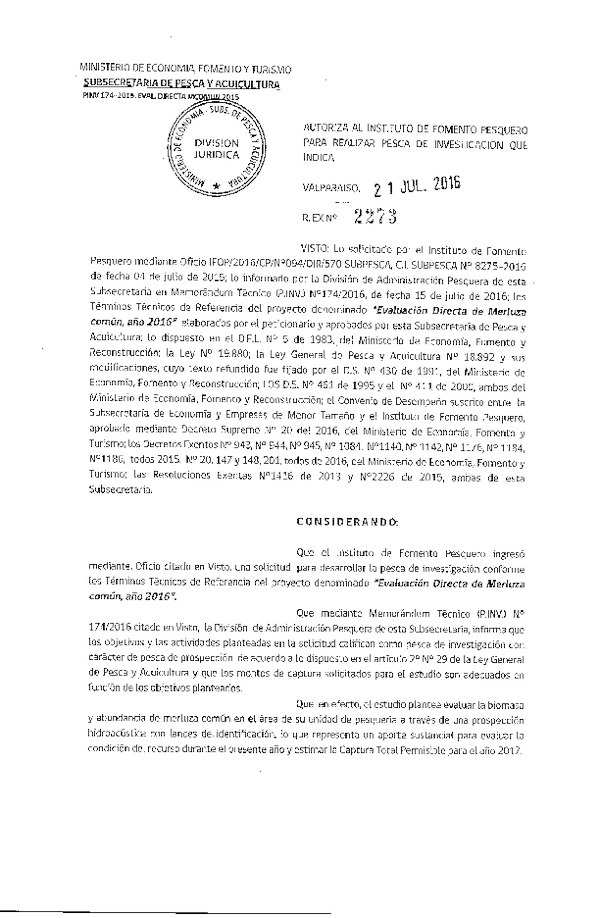 Res Ex. N° 2273-2016 Autoriza Pesca de Investigación de Merluza comun, IV-X Región.