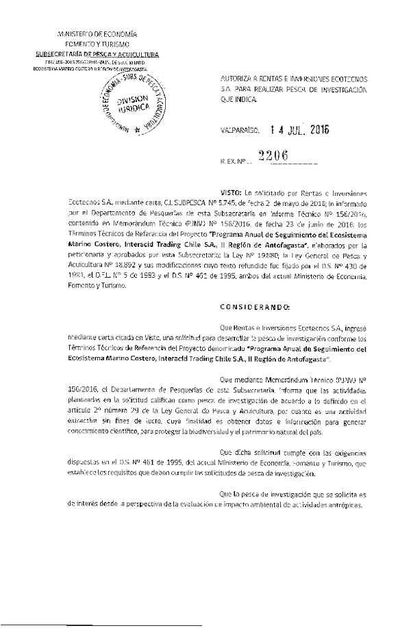 Res. Ex. N° 2206-2016 Programa de monitoreo de hidrocarburos en Bahía Mejillones y Plan de monitoreo ambiental Bahía Mejillones Sur, II Región.