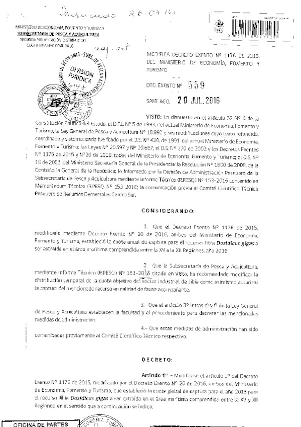 Dec. Ex. N° 559-2016 Modifica Dec. Ex. N° 1176-2015 Establece Cuota Anual de Captura para el Recursos Jibia XV-XII Regiones Año 2016. (F.D.O. 26-07-2016)