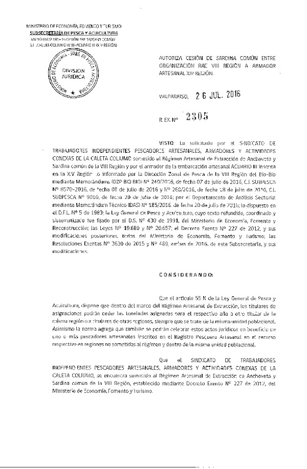 Res. Ex. N° 2305-2016 Autoriza Cesión Sardina común, VIII a XIV Región.