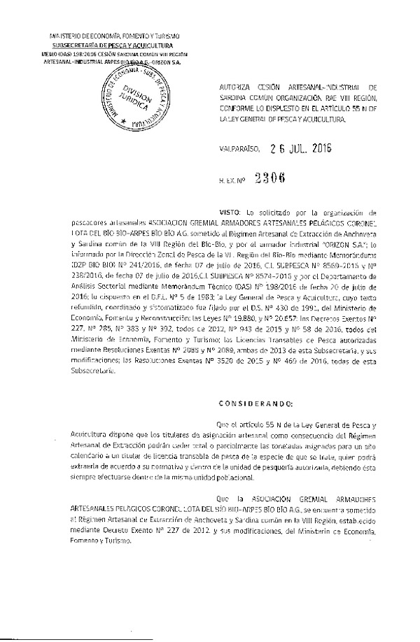 Res. Ex. N° 2306-2016 Autoriza Cesión Sardina común, VIII Región.