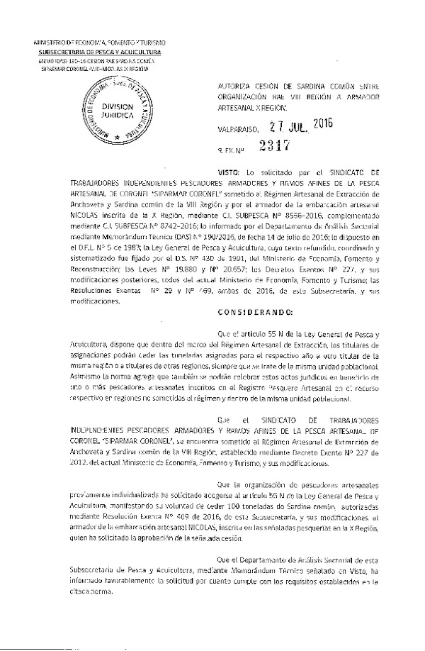 Res. Ex. N° 2317-2016 Autoriza Cesión Sardina Común VIII a X Región.