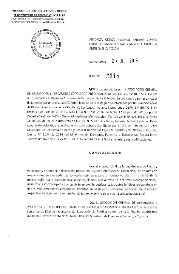 Res. Ex. N° 2318-2016 Autoriza Cesión Sardina Común X a IX Región.