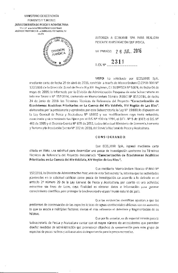 Res. Ex. N° 2311-2016 Caracterización de ecosistemas acuáticos prioritados, cuenca río Valdivia, XIV Región.