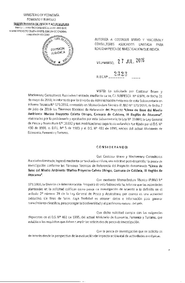 Res. Ex. N° 2323-2016 Línea de base del medio ambiente marino Caleta Obispito, comuna de Caldera, III Región.