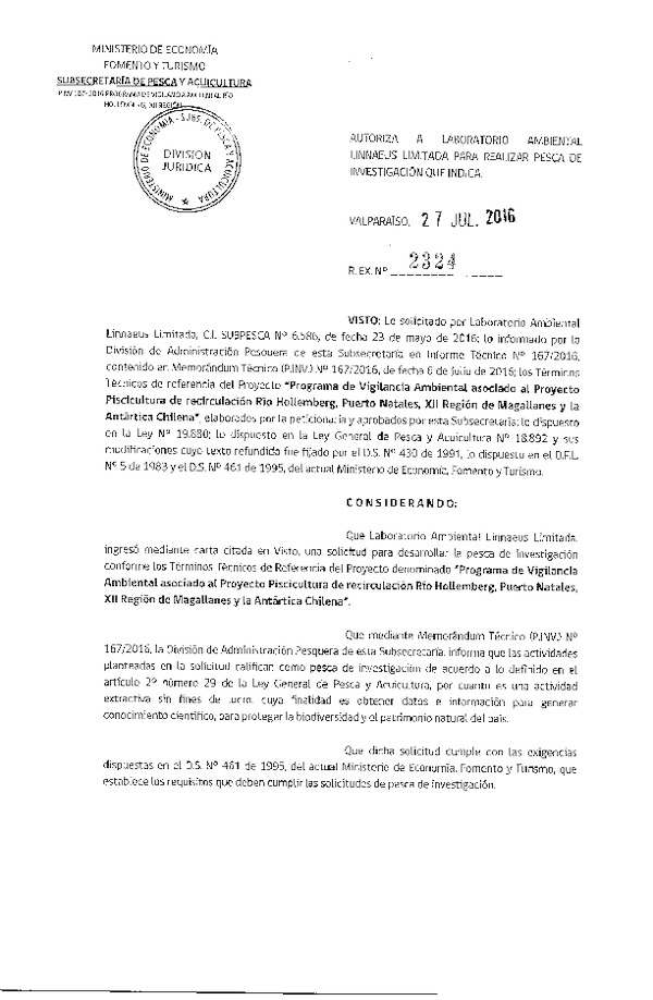 Res. Ex. N° 2324-2016 Programa de vigilancia ambiental proyecto piscicultura río Hollemberg, Puerto Natales, XII Región.