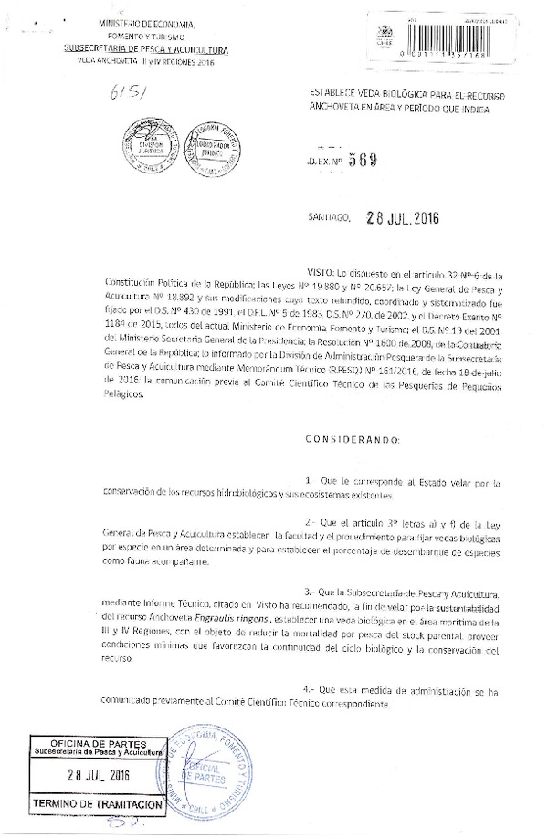 Dec. Ex. N° 569-2016 Establece Veda Biológica para el Recursos Anchoveta , III-IV Región. (Publicado en Página Web 29-07-2016)