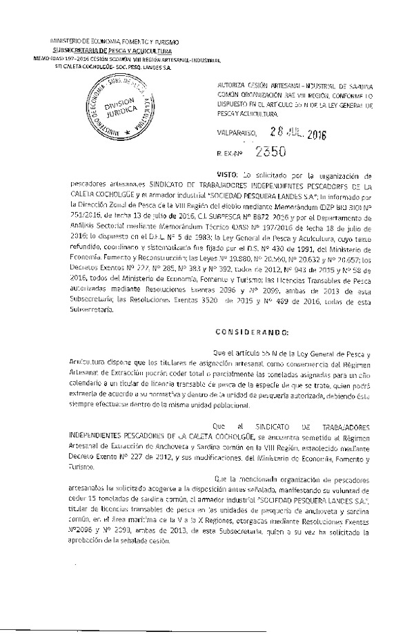 Res. Ex. N° 2350-2016 Autoriza cesión sardina común, VIII Región.
