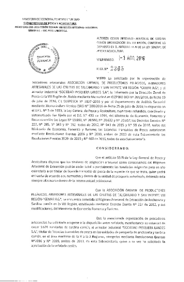 Res. Ex. N° 2365-2016 Autoriza cesión sardina común, VIII Región.